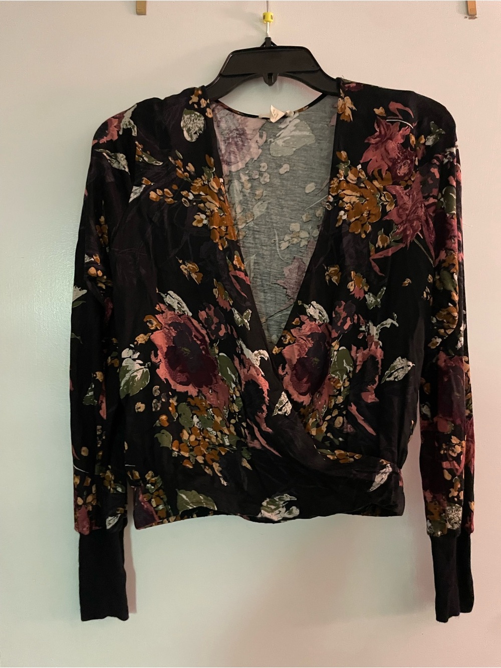 Floral Wrap-Front V-Neck Blouse in Black and Mauve
